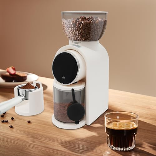 Elektrisk kaffekvarn, konisk kvarn, justerbar malningsgrad, skivmalning med exakt digital display för 2–14 koppar, upp till 250 g kaffebönor (vit)