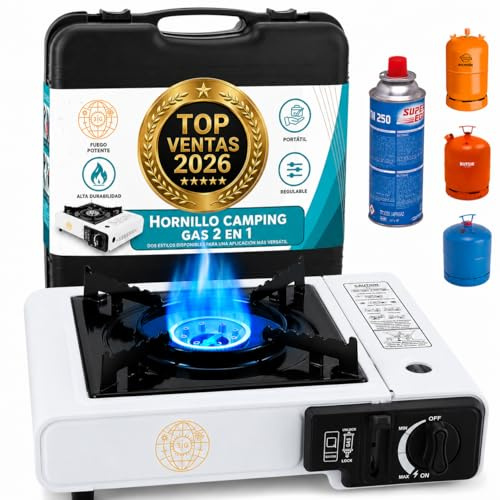 Campin Gas, 2 en 1, Hornillo Camping Gas Portátil, Adaptador para Bombona Grande o para Cartuchos, Ideal para Camping Emergecias, Maletín incluido, NO TRAE MANGUERA DE GAS.