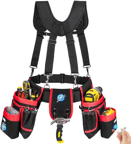 Tool Belt with Suspenders,27 Pockets Heavy Duty Tool Belts for Men with Magnetic Tool Pouch,Detachable Adjustable Work Belt Bag for Electricians,Carpenter,Construction,Utility Toolbelt,Black Red