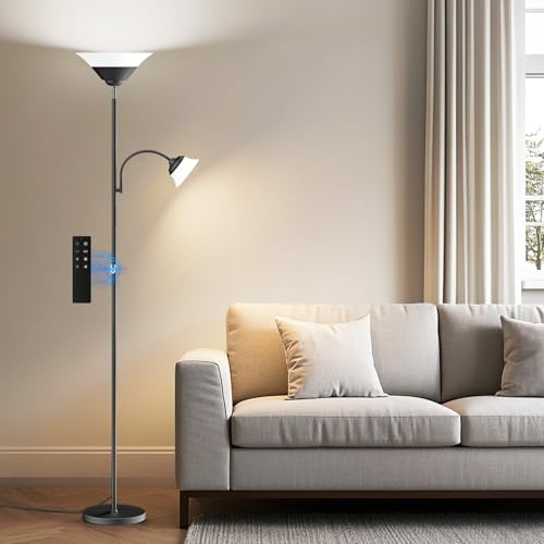 SIBRILLE Stehlampe Wohnzimmer 34W 2100LM Stehlampe LED Dimmbar, Fernbedienung&Touch-Steuerung, 3000K-6500K Stehleuchte Moderne Deckenfluter LED Dimmbar mit Leselampe für Wohnzimmer Büro, Schwarz