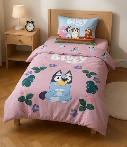 Bluey Babybettwäsche 100x135 + Kissenbezug 40x60 Baumwolle Blumen Rosa Blau | Wendbare Baby-Bettwäsche | Naturbaumwolle weich atmungsaktiv Oeko-Tex | Bingo | 0-3 Jahre | Kinderbett | Maschinenwaschbar
