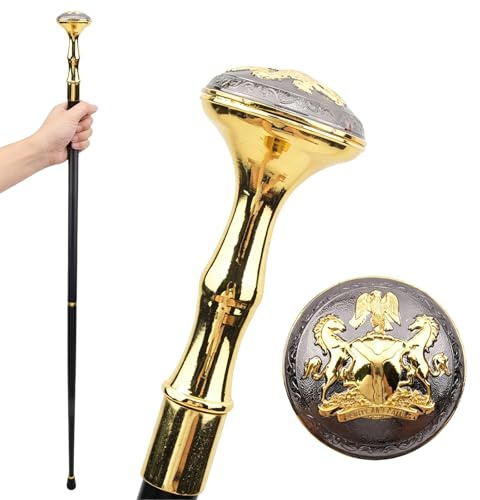 Bastón Decorativo con Relieve de Dos Majestuosos Caballos, Bastón de Caballero con Pomo, 94 cm, Negro y Dorado