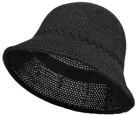 AYPOW Mode Crochet Sonnenhut Damen, Faux Straw Woven UV Schutz Atmungsaktiv Sommerhut Fischerhut, UPF50+ Faltbar Leicht Reisehut Strohhut Strandhut Bucket Hat for Teenager Mädchen Outdoor Ferien