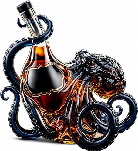 Rum Octopus Glass Bottle - 3D Deep Sea Artistic Decor Bottle, 350ml Borosilicate Glass Liquor Bottle Decanter for Wine Liquor, Soda Bottles and Stanley Cup Suit for Bar Home Decor (Dark Blue)