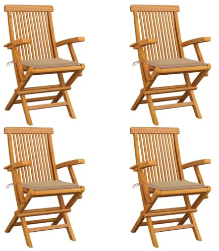 YuuSsea Trädgårdsstolar med beige kudde, 4 st, teak i massivt trä, vikbar med armstöd för balkong, terrass, utomhus, väderbeständig, utrymmesbesparande, bekväm och robust
