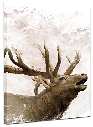 Wandbild - Aquarell - Hirsch - Bild auf Leinwand 50 x 60 cm einteilig - Leinwandbilder Bilder als Leinwanddruck Tierbild Malerei - Geweih - Wild - röhrender Hirsch