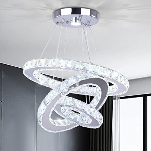 diisunbihuo 3-Ring Crystal LED Chandelier Modern Ring Pendant Light,47W Cool White (4500K-6000K) K9 Crystal&Stainless Steel, Adjustable Height for Dining Room Kitchen Island Living Room Foyer