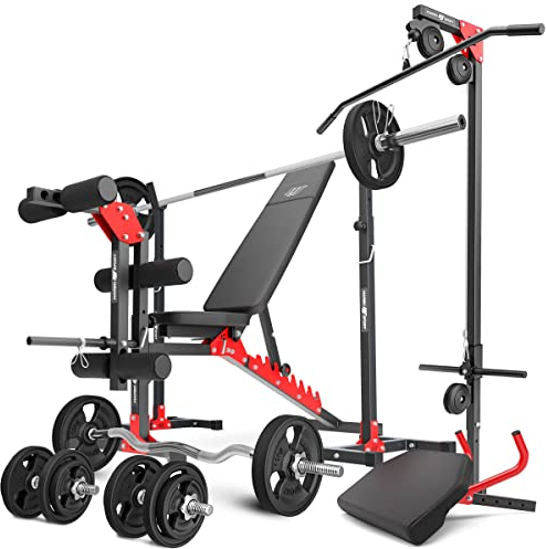 Marbo Sport Set MH25 – Hantelbank, 2-teiliger Langehantelständer, Latzug, Curl-Bank, Beintrainer, 1x SZ-Curlstange, 2X Kurzhantelstange, 1x Langhantelstange + gummierte Gewichtsscheiben 83 insg. Kg