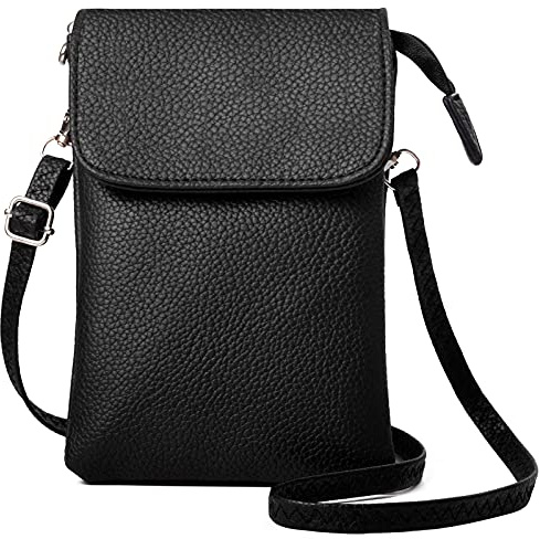LassZone Women Leather Phone Bag Crossbody Phone Bags Small Black Handbags Wallet Purse Ladies Cellphone Shoulder Bags with Long Strap