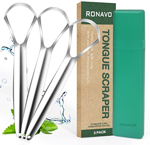 RONAVO Zungenreiniger - (3 Stück),Zungenschaber mit Reiseetui – Edelstahl Zungenbürste für Erwachsene, Heilung von schlechtem Atem