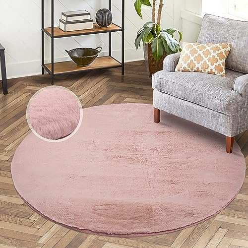 carpet city Hochflor Teppich Wohnzimmer - Einfarbig Rosa - 160x160 cm Rund - Super Soft Polyester - Weicher Flor - Teppiche Schlafzimmer - Langflorteppich Puder-Pink