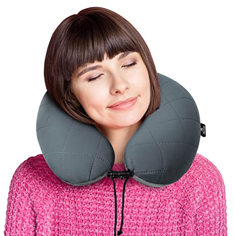 HIKENTURE Nackenkissen aufblasbar -[Mit Abnehmbarem&Waschbarem Bezug]- Reisekissen Nackenkissen Flugzeug, Auto, Zug - Nackenhörnchen Stützkissen für Nacken - Aufblasbare Nackenkissen Reise Klein-Grey