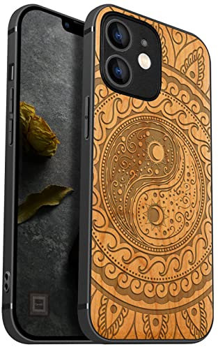 Carveit Coque en Bois pour iPhone 12 Mini Compatible avec MagSafe et Chargement sans Fil Étui de téléphone Antichoc de 12 Mini Etui magnétique TPU Bumper (Cerise-Yin Yang Cachemire)