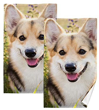 YOUJUNER 2 Stück Baumwolle Handtuch Set Niedlich Corgi Hund Druck Handtuch Gesicht Handtücher Badetücher Waschlappen Fingerspitze Dekorative Handtücher