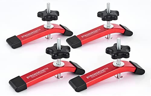 STRONGROWTH T track Hold Down Clamps - Double Cut Profile Universal T-Track Clamps, 6-3/8L x 1-1/4W - Woodworking and t slot clamp - Fine Sandblast Anodized - Red Color-4PK