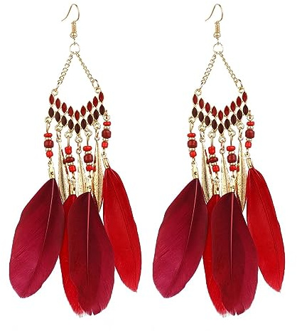 BSLVWG Böhmische Feder Ohrringe für Frauen, Faux Feder Ohrringe Böhmische Fransen Ohrringe Quaste Handmade Long Drop Dangle Earrings Ethnic Long Feather Fringe Earrings für Frauen und Mädchen