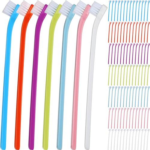 Tioncy 100 Pcs Small Dog Toothbrush Bulk Pack Long Handle Pet Toothbrushes with Soft Bristles, Dental Care Teeth Cleaning Kit for Small Breed Dogs, Cats, and Puppies (7 Colors)