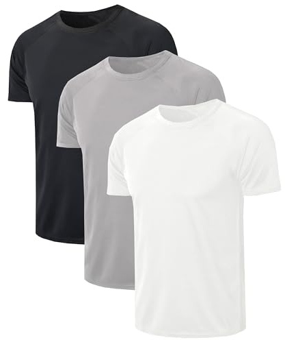YUSHOW 3-pack löpning t-shirts för män snabbtorkande gym t-shirt kortärmad rund hals löpning skjortor fukttransporterande aktiv atletisk löpning toppar män nät arbetsskjortor, Svart + grå + vit, M
