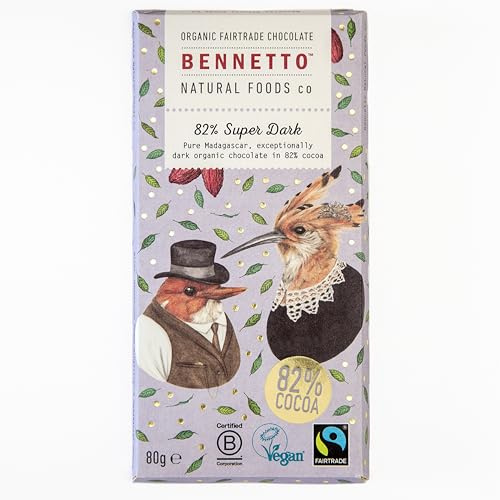 BENNETTO | 82% Super Dark | Exceptionally dark organic chocolate. 82% cocoa. Certified organic, Fairtrade, and net climate positive. 1x 80g Bar