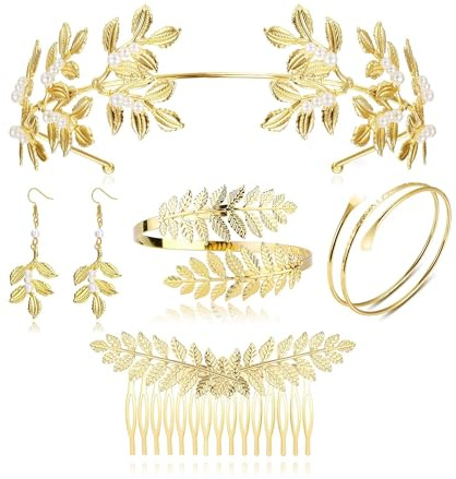 CASSIECA 5 Stücke Griechische Göttin Kostüm Schmuck Set Gold Hochzeit Brautschmuck Lorbeerkranz Haarspange Armband Oberarmreif Ohrringe Haarreif Set Boho Blatt Haar Krone Accessories Damen