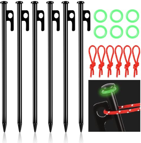 6 Stück Zeltheringe Sturmsicher, 25cm Lang Zelthaken mit Leuchtringen Reflektorseile Erdnägel Zeltnagel im Freien für Camping Outdoor Wandern