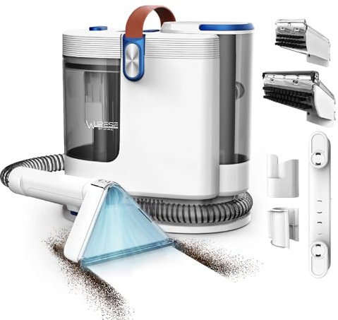 WURESE Máquina limpiadora portátil de alfombras, champú de alfombras, limpiador de tapicería de 15 Kpa con 3 herramientas, tanque de agua grande de 54 onzas, cable de alimentación de 16.4 pies