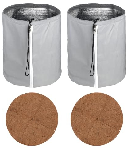 CPROSP 2tlg Thermo Topfschutz für Pflanzen 50 x 45CM, Pflanzenschutz Winter, Frost Schutz für Pflanzkübel Pflanztöpfe für Pflanzen mit Zugband, Reißverschluss & Filz Kokosscheibe Ø 45cm Grau