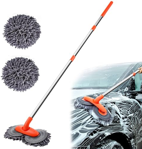 GZWY Autowaschmopp mit Langem Griff, 115CM Autowaschbürste mit Teleskopgriff, 2-in-1 Chenille Mikrofaser Reinigungsset für Auto RV Trucks Wohnwagen Wohnmobil Haushaltsreinigung (Mopp+2 * Moppkopf)