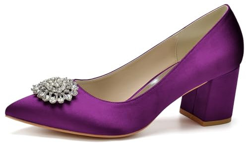 smlekwc Donna Punta Appuntita Scarpe da Vestita da Sposa Scivolare su Décolleté da Sposa in Raso con Strass Comfort Tacco A Blocco Medio Scarpe,Viola,39 EU