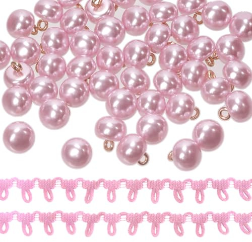 Glarks 51pcs 10mm halbe gewölbte Perlenknöpfe, rosa Harz Perlenknöpfe und Metallschaft mit Knopfschlaufe Trim, Metall Kreis Haken Knöpfe für Kleidung, Handwerk, Nähen