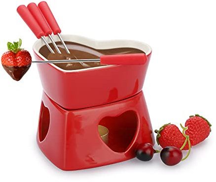 TOLIDA Juego de fondue de cerámica para chocolate con forma de corazón, olla para fondue de queso de porcelana con 4 tenedores, 320 ml, mini quemador resistente al calor, fondue para dulces