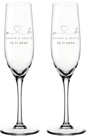 Leonardo Sektgläser mit Gravur 2er Set | Personalisiertes Hochzeitsgeschenk für das Brautpaar Initialen Herz, Name und Datum | Champagner Gläser mit gezogenem Stiel