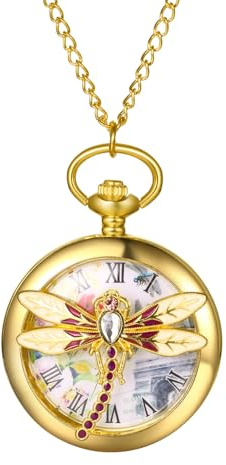 OIDEA Relojes Bolsillo Analógico Unisex: Reloj de Bolsillo de Cuarzo para Hombre y Mujer Decoración Libélula Números Romanos de Escala Cadena de Cintura - para Uso Diario Colecciones Regalo