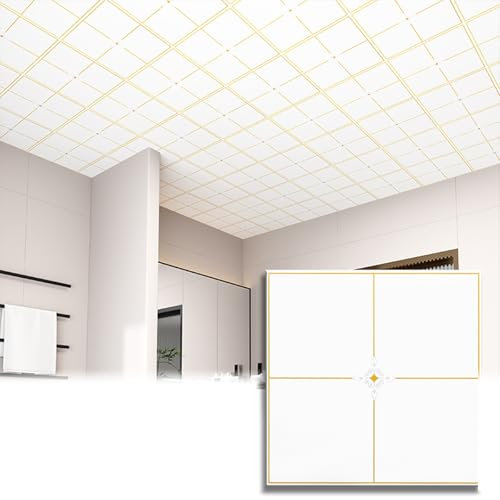 RENLXFI Ceiling Tiles Panels Coving Drop Ceiling Tiles White with Gold, PVC Wallpaper for Ceiling Self Adhesive Waterproof Bathroom Shower, Decorative Rv Ceiling Panels Replacement(B,50 pack)