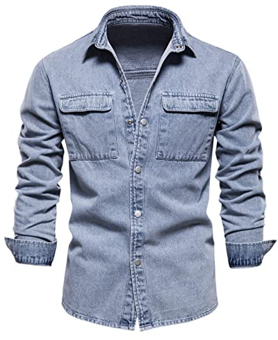 Jeanströja för män långärmad med tryckknappar normal passform långärmad skjorta med bröstficka casual reverströja för män vintage vårskjortor bekväm passform arbetsskjorta för fritid och vardag, blå,
