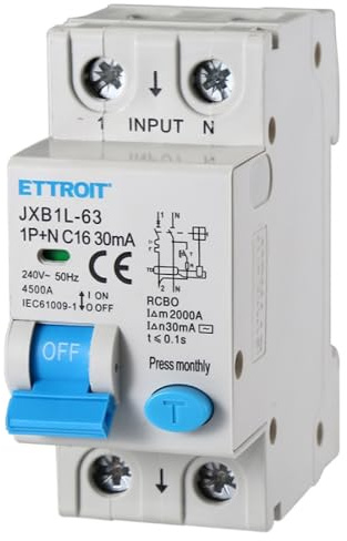 Interruttore magnetotermico differenziale salvavita, 1P+N, occupa 2 moduli DIN, 220V 230V, 16A C16, 30mA, 6KA 6000A, RCBO