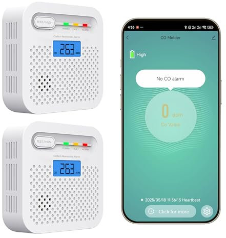 Detector de monóxido de Carbono Inteligente, Alarma de monóxido de Carbono con LED WiFi para el hogar, Detector de Alarma CO con monitoreo Remoto por App y batería de 10 años, Compatible Alexa. 2PCS