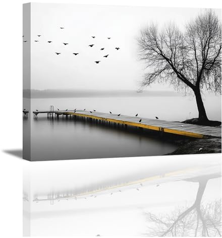 Piy Painting Paisaje Lienzo Arte Pared, Impresión En Lienzo Blanco y Negro, Cuadro Enmarcado, Fácil De Colgar Para Salón Cafetería Dormitorio Cocina Comedor, Marco Interior, 30x40 cm