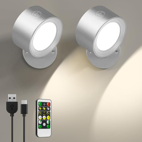 LED Wandleuchte Innen, 2 Stück Wandlampe Akku mit Fernbedienung, 3 Farbmodi Kabellos Wandlichter Lampen ohne Strom, 360° Drehbare Nachttischlampe Strahler für Kinderzimmer Schlafzimmer Wohnzimmer