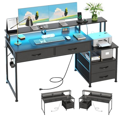CAIYUN Computerschreibtisch mit 4 Schubladen & integrierten Steckdosen - Reversibler Schreibtisch für Home-Office, Gaming-Tisch mit Monitor- & Druckeraufsatz, LED-Licht fürs Schlafzimmer (Schwarz)