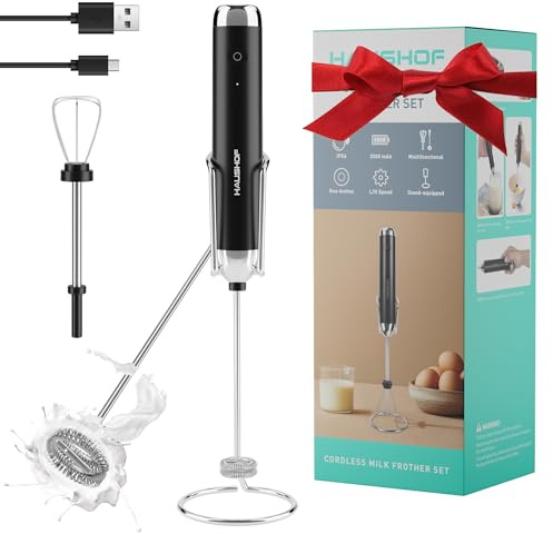 HAUSHOF Rechargeable Milk Frother with Stand, Powerful Handheld Electric Foam Maker, Drink Mixer with 2 Detachable Stainless Steel Whisks, 2-Speed for Coffee, Cappuccino, Matcha, Latte