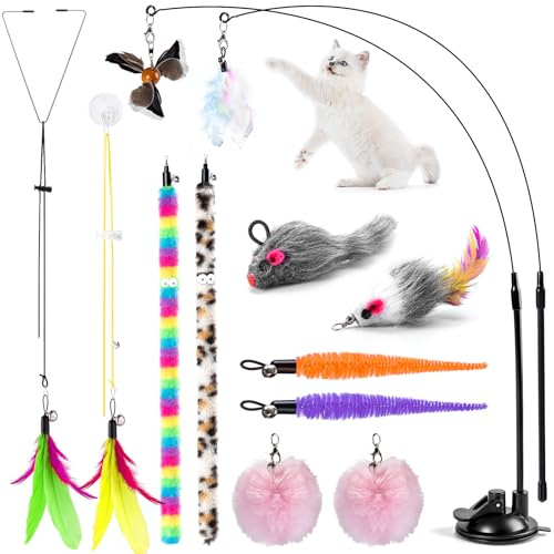 SeaMorn 4-in-1 Cat Toys for Indoor Cats Adults & Kittens, 12PCS Interactive Cat Feather Toy Replacements with Bells, Enhanced Suction Cup Cat Teaser Wand Toy, 2 Types Door Hanging Cat String Toys