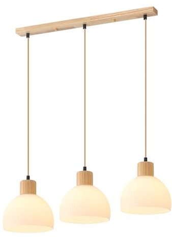 Schindora Pendelleuchte Esstisch 3-Flammig,Holz Und WeißEs Glas KüChe Lampe E27 HäNgelampe HöHeneinstellbar Wohnzimmerlampe FüR Wohnzimmer Schlafzimmer