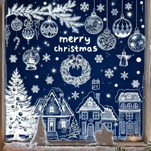 Slothbyte 129 Stk Fensterbilder Weihnachten Selbstklebend,PVC Schneeflocken Fensterdeko, Weiß Fensterdeko Weihnachten Wiederverwendbar,Weihnachten deko mit Häuser für Winter, Neujahr Fenster