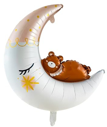 Fesnova Halbmond mit Schlafendem Baby Bär Folienballon, für Babyzimmer Deko, Luftballons Babyparty, Baby Ballon Geburt, Ballons Babyparty, 76x86cm