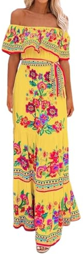 Abito messicano da donna estivo boho floreale drappeggiato abito senza spalle scoperte tradizionali Fiesta A Linee maxi abito bohemian lungo maxi abito casual matrimonio spiaggia abito da festa con