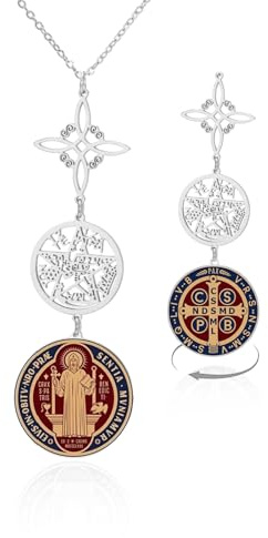 VASSAGO Collana con nodo da strega tripla protezione in acciaio inox con ciondolo a forma di nodo celtico con ciondolo a forma di pentagramma medaglia di San Benedetto