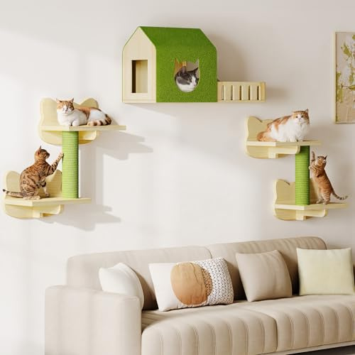YITAHOME Juego de Pared de Escalada para Gatos, Muebles de Madera Estable, 5 Piezas con casa para Gatos, Escalera para Gatos, Plataforma para Gatos para Dormir, Jugar y Descansar