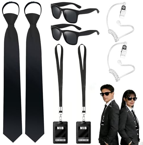 Lot De 8 MIB Agent Costume Accessoires, Men in black Deguisement | Accessoires de Costume d'agent Noir avec Oreillette Espion, Cravate, Porte Cartes et Écouteurs, pour Hommes Femmes Cosplay