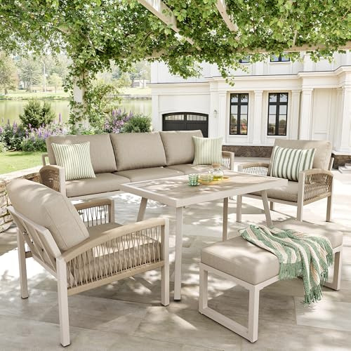 Merax Gartenmöbel-Set, Gartenlounge Set aus verzinktem Eisen & handgeflochten Seil, Balkonmöbel Outdoor Sitzgruppe mit 2 Sesseln & Bank & Tisch & Kissen, Wetterfest für Terrasse, Loungegarnitur, Beige